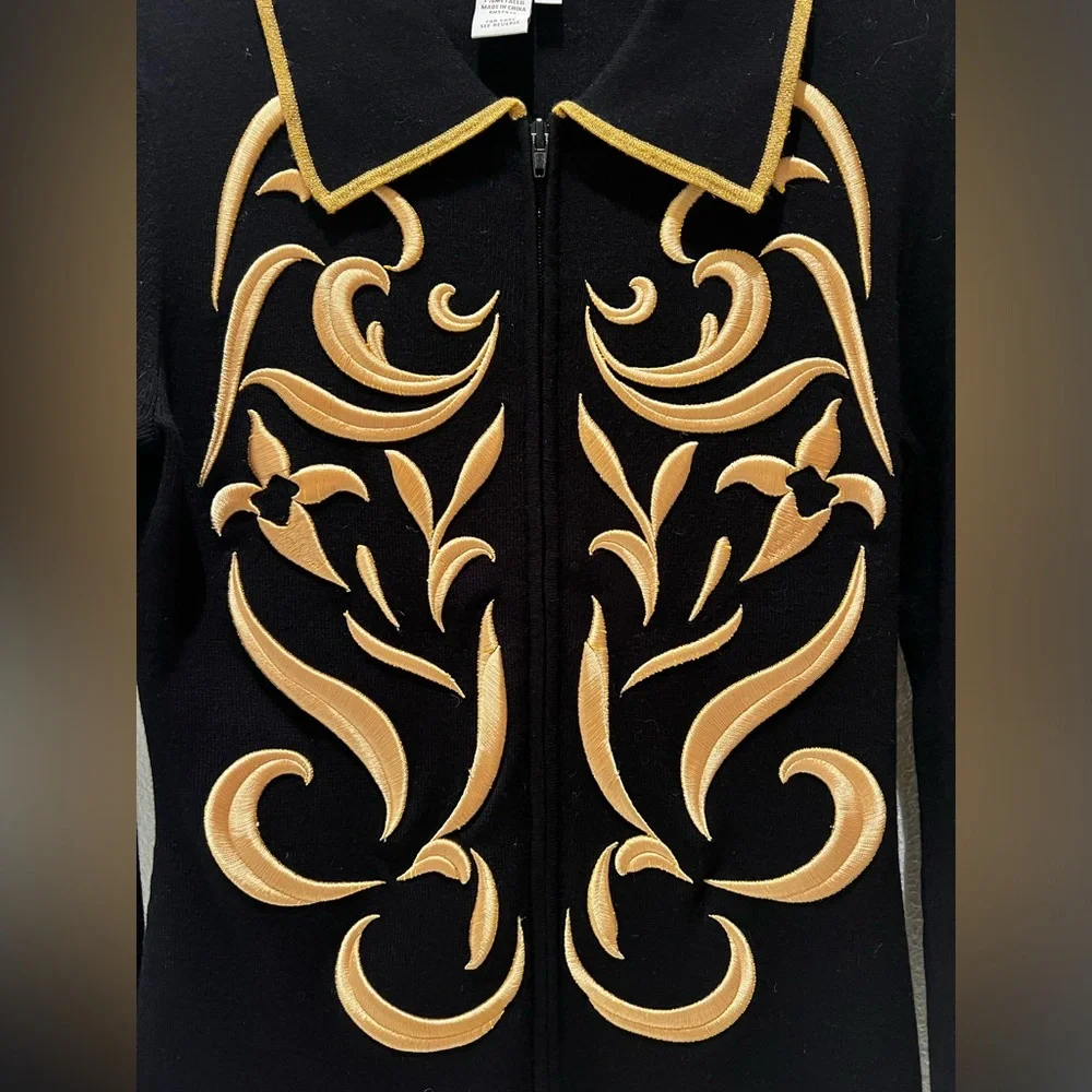 CLEARANCE NWOT Boston Proper W Medium Metallic Gold Design Zip Collared Sweater! - Picture 3 of 9